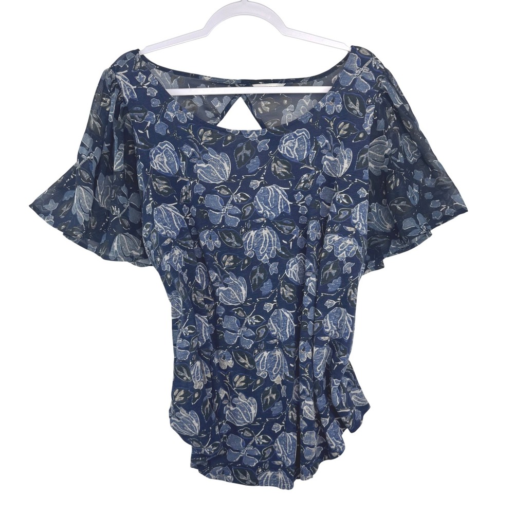 Lucky Brand Womens 3X Blue Floral Flutter Sleeve Keyhole Back Blouse Indigo Top